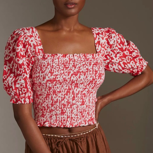 Anthropologie Tops - Anthropologie Red White Floral Smocked Eyelet Puffy Sleeves Medium M